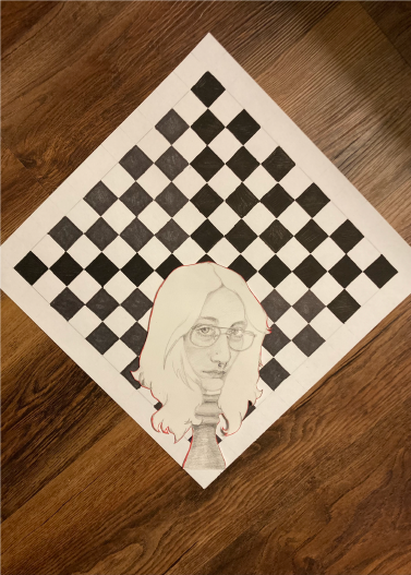 A self portrait done with graphite and marker. It's my head on a chesspiece in the bottom corner of the chessboard.