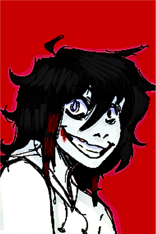 A red and black image of Jeff the Killer from Creepypasta. He's digital.