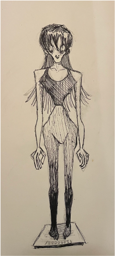 A black and white image of a very skinny and elongated woman standing on a scale. It's traditional.