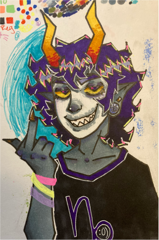 This shows Gamzee Makara from Homestuck, flipping the viewer off. He's done traditionally with bright and glittery sakura pens, as well as various branded alcohol markers. It's done traditionally