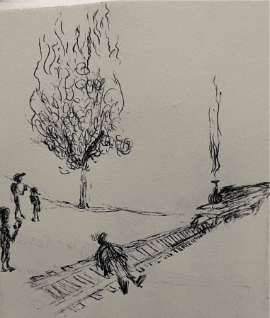 This shows three people on their phones while one person stands strapped to railroad tracks while a train buzzes in the background. There is also a tree on fire. This is done traditionally.