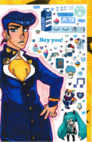 This shows fanart of Josuke Higashikata from JoJo's Bizzarre Adventure. He's standing gayly while various blue stickers fill the background. There is a yellow star paper boarder around the whole thing. It's done traditionally.