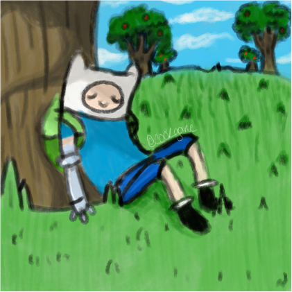 This is fanart of Finn from Adventure Time resting against a tree, enjoying the breeze. He seems quaint and he's got his metal arm and there's apple trees in the background. It's a bit cloudy but it's the stringy type. This is done digitally.